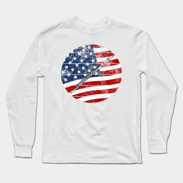 Flute USA Flag Flutist Musician 4th July Long Sleeve T-Shirt by doodlerob